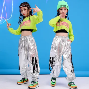 Kızlar Hip Hop Giyim Yeşil Kazak Üst veya Moda Gümüş Pantolon Çocuklar için Caz Dans Giyim Kostüm Balo Salonu Dans Elbise 11