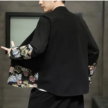 Çin Tarzı erkek Pamuk ve Keten Ceket Patchwork Baskılı Tang Takım Elbise Gömlek Retro Ceket Üst Japon Tarzı Harajuku Giyim