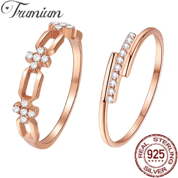 Trumium 925 Ayar Gümüş yüzük kadınlar için Kişilik Çapraz Zincir Düğün Nişan Yüzüğü Zirkon Gül altın parmak yüzük takı 1