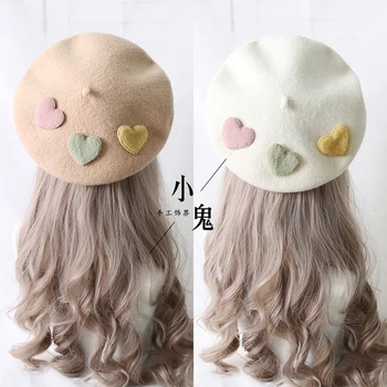 Küçük Taze Sevimli Aşk Kalp Bere Sonbahar Kış Lolita Yün Ressam Şapka Japon Tarzı Tatlı Güzel Sıcak Düz Kap Headdress 14