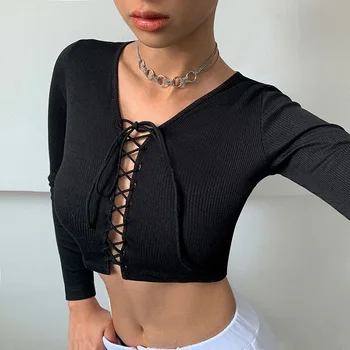 2021 Kadın Seksi İçi Boş Bandaj Tayt Tanga Kırpma Üst Bahar Moda Kaburga Siyah T Shirt Casual Sokak Kısa Üst Kadın Giyim 4
