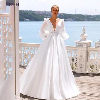 YEEH Basit Beyaz Leke düğün elbisesi 2023 Prenses A-Line Uzun Kollu V Yaka Pilili gelin kıyafeti Sweep Tren Vestido De Novia 19