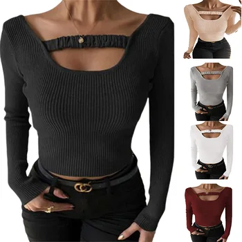 Yeni Sonbahar ve Kış kadın Giysileri Sıcak Satış Düz Renk Seksi yuvarlak Boyun Slim Fit uzun kollu tişört Üst 16