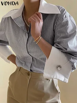 VONDA Şık Sonbahar Uzun Kollu Çizgili Bluz Zarif Ofis Bayan Gömlek Kadın Yaka Baggy Düğme Patchwork Blusas Tunikler