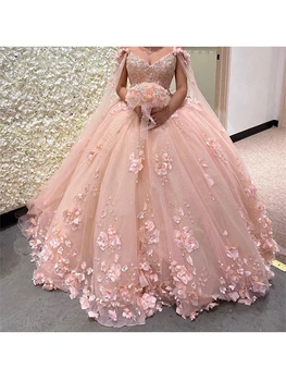 2022 Prenses Pembe Quinceanera Elbise Spagetti Kayışı Sevgiliye Boncuk 3D Çiçekler Balo Zarif Tül Robe De Soirée
