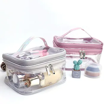 PVC kozmetik çantası şeffaf saklama çantası kadın taşınabilir su geçirmez çamaşır torbası rahat seyahat saklama çantası düz renk