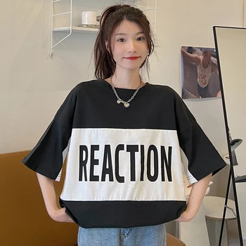 Yaz Moda Mektubu Mor T Shirt Kadın Baskı Rahat Patchwork O Boyun Kısa Kollu Kore Siyah Mujer Giysileri Yeni 2022 8