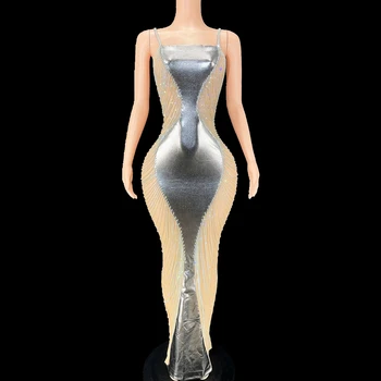 Sparkly Rhinestones Zincirler Örgü Yan Şeffaf uzun elbise Akşam Doğum Günü Elbise Kadınlar için Seksi Kulübü Parti Gösterisi Sahne Giyim 12