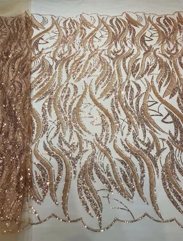 Nijeryalı Altın El Yapımı Boncuk Tül Dantel Kumaş 2022 Yüksek Afrika Kalite Lüks Sequins Kumaş Fransız Düğün Gelin Elbise 14