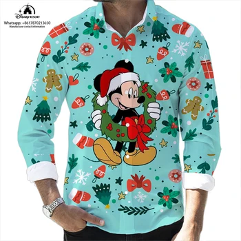 Noel Yeni 2022 Sonbahar Sıcak Satış Disney Karikatür Rahat 3D Renkli Baskı Uzun Kollu Yaka Gömlek İnce Mickey erkek Üstleri 14