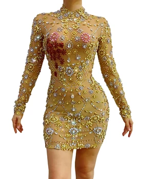 Sparkly Altın Rhinestone Şeffaf Seksi Elbise Kadın Doğum Günü Kutlamak Net See Throgh Kıyafet Şarkıcı Dansçı Performans Giyim 1