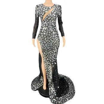 Örgü Şeffaf Düğün Sparkly Rhinestones Aynalar Uzun Tren siyah elbise Seksi Akşam balo elbisesi Doğum Günü Elbise Gösterisi Giyim 16