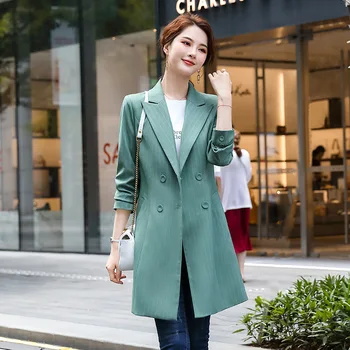 IZICFLY Yeni Stil Sonbahar Kış Yeşil Çizgili Trençkot Kadınlar Için Zarif Ince Iş Ofis Ceketler Blazers OL Rüzgarlık 14