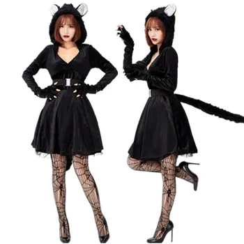 Siyah Kedi Cosplay Kapşonlu Fantezi Elbise Cadılar Bayramı Kostümleri Yetişkin Kadınlar İçin 9