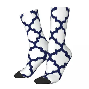 Mutlu Komik erkek Çorapları Lacivert Ve Beyaz Quatrefoil Ikat Tarzı Vintage Harajuku Geometrik Desenler Ekip Çılgın Çorap Hediye 13