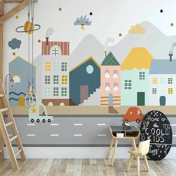 Özel 3D Duvar Kağıdı İskandinav El Boyalı Karikatür Kasaba Araba Duvar çocuk Yatak Odası Arka Plan Dekor duvar tablosu Papel De Parede 8
