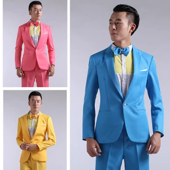 2018 Yeni Uzun Kollu erkek Takım Elbise Elbise Barındırılan Tiyatro Smokin Düğün Balo Kırmızı Sarı Mavi Ve Yeşil M L Takım Elbise Erkekler 10
