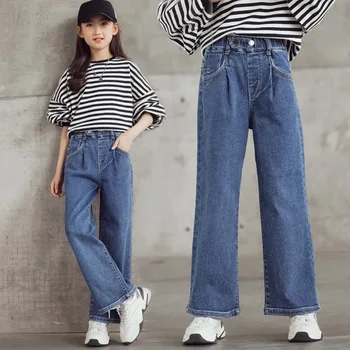 Kot Kızlar için Pamuk Geniş Bacak Pantolon Büyük Çocuklar Gevşek Düz Kot Pantolon Moda Rahat Okul Pantolon Çocuk 4 8 10 12 15 Y 14