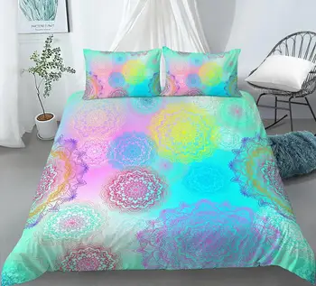 3D nevresim takımı Avrupa / ABD Kraliçe / Kral Yorgan yatak örtüsü seti Renkli Mandala Çiçek Yorgan / Battaniye yatak örtüsü seti Yatak Örtüsü Çocuklar için / Yetişkin 4