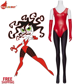 Powerpuff Girls Animasyon Sedusa Cosplay Kostüm Kırmızı Tulum Kadınlar Bodysuit Tayt Kıyafet Siyah Çorap 18