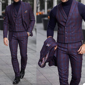3 Adet Mor Erkek Takım Elbise Moda Kontrol Desen Rahat Tarzı Özelleştirilmiş Yakışıklı Slim Fit Parti Takım Elbise Ceket + Pantolon + Yelek 11