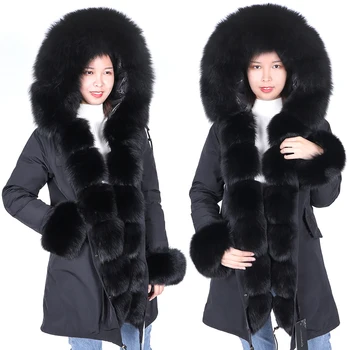 Moda kış ceket bayanlar gerçek kürk ceket doğal gerçek tilki kürk yaka gevşek uzun bölüm parka ceket ceket ayrılabilir orta uzunlukta 7