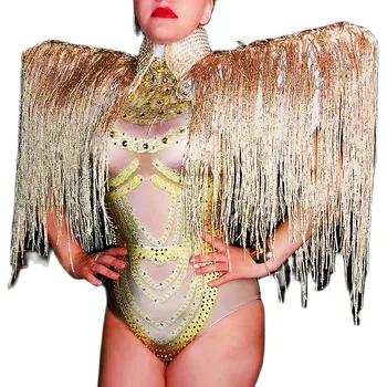 Kolsuz Köpüklü Elmas Sıska Elastik Bodysuits Parlak Altın Saçaklar Pelerin Gece Kulübü Şarkıcısı Dans Sahne Giyim Kostümleri 14