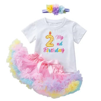2 Yıl 2nd Doğum Günü Bebek Kız Giyim Seti Yenidoğan Pamuk T Gömlek + Tutu Etek + Kafa Bandı 3 adet / takım Bebek Giysileri Çocuklar Kıyafetler 3