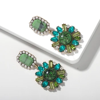 Dvacaman Vintage Lüks Yeşil Renk Rhinestone Bırak Küpe Kadınlar için Büyük Geometrik Kristal Dangle Küpe yeni moda takı