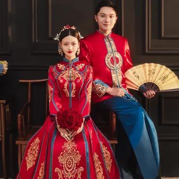 Gelin Damat düğün elbisesi Retro Çin Rafine Şık Evlenmek Cheongsam Geleneksel Sequins Boncuk Nakış Qipao 6