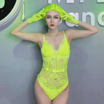 Floresan Yeşil Caz Dans Elbise Gece Kulübü Festivali Kıyafet Peruk ızgara Püskül Bodysuit Bar Gogo Ds Dj Kostüm Kadın Hip Hop