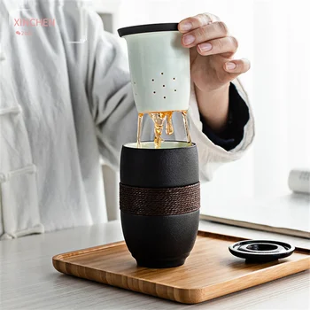 Japon Tarzı Yaratıcı Çay Fincanı Su Ayırma Fincan Ev Ofis Seyahat Taşınabilir Seramik çay bardağı Filtre ve Kapaklı Drinkware 15