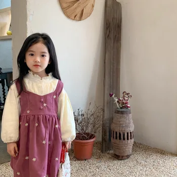 Bebek Kız Giysileri Kore Yelek Elbise Sonbahar 2021 Yeni çocuk Askı + Çiçek Uzun Kollu Etek Takım Elbise Kız Prenses Elbiseler 16