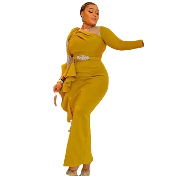 Hiçbir Sashes Sarı Maxi Elbiseler Afrika Giyim Afrika Elbiseler Kadınlar İçin uzun müslüman elbisesi Yüksek Kalite Moda Elbise Bayan İçin