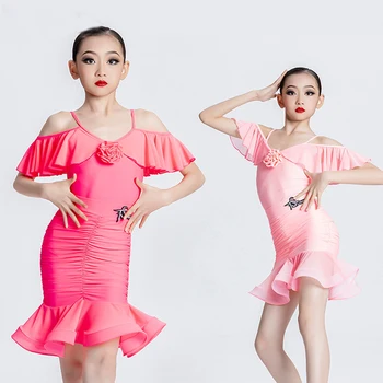 Yeni Çocuk latin dans kostümü Lotus Yaprağı Üst Mermaid Etekler Kızlar Salsa Tango Chacha Balo Salonu Uygulama Elbise SL6651 15