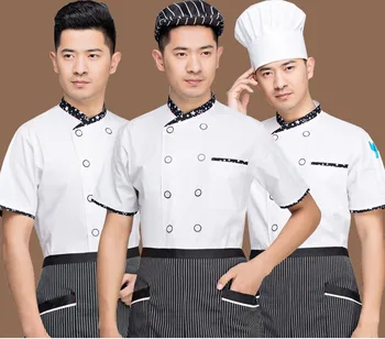 2017 Yeni stil yüksek quanlity şefin Kısa kollu Yaz Giyim beyaz İş Elbiseleri Erkekler Tulum Otel Mutfak Şef Üniforma 9