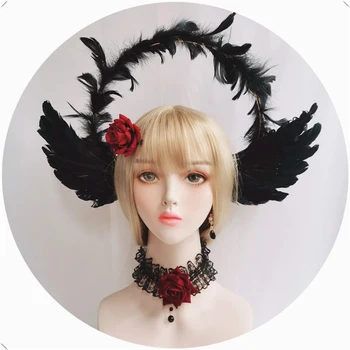 El yapımı Tanrıça KC Şapkalar Gotik Punk Lolita Şeytan Tüy Kanatları Gül Dantel Kolye Firkete Halo Kafa Kilise Saç Taç 18