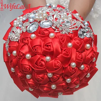 WifeLai-A 1 Adet Yeni Lüks Kırmızı Gül Çiçek İpek Broş Gelin Buketleri Kelebek Elmas Dikiş Holding Düğün Buket W2287