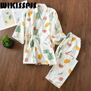2022 İlkbahar ve Sonbahar Japon Orta Kollu Pantolon Japon Kimono Ev Giysileri Pijama Seti Kadın Kawaii Pijama 2