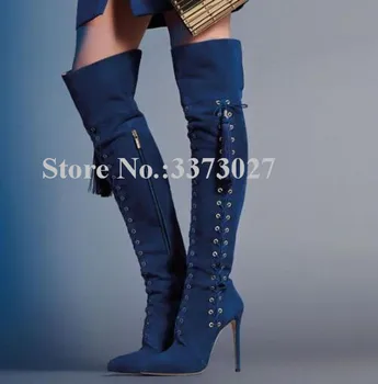 Yeni Mavi Süet Yan Dantel-up Uzun Çizmeler Kadın Seksi Sivri Burun Stiletto Topuk Diz Üzerinde Çizmeler Moda Tasarım Zarif Bayan Çizme