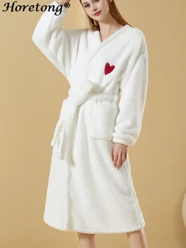 Horetong Kalp Nakış Kış Elbise Kadınlar İçin Kalınlaşmış Mercan Polar Tatlı Sıcak Bornoz Zarif Rahat Pijama Ev Giysileri 13