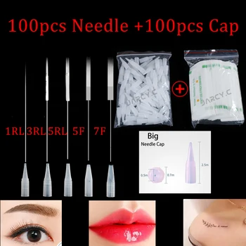 100 ADET Tek Kullanımlık Steril Dövme Needles1R/3R/5R/5F/7F ve İğne İpuçları İğneler Kapaklar Dövme Kaş Kalemi Makinesi 5