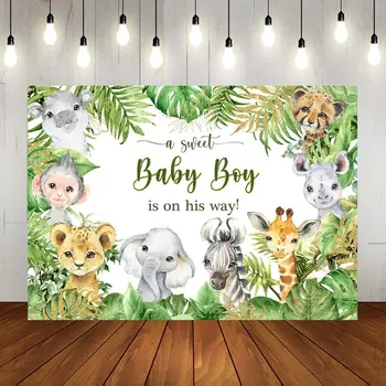Safari Bebek Duş Zemin Fotoğrafçılık için Orman Hayvanları Bebek Duş Arka Plan Yenidoğan Parti Süslemeleri Çocuk Kek Afiş 5
