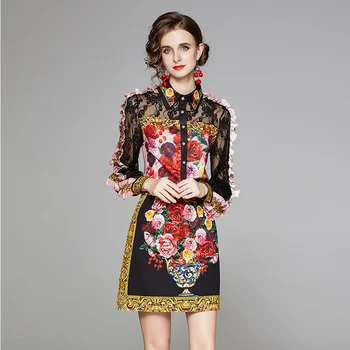 2022 İlkbahar Yaz kadın Takım Elbise Fransız Retro Yaka Dantel Dikiş Hollow Bluz + Yüksek Bel Etek Yeni İnce Kadın Setleri X017 16