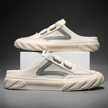 Yaz Yeni Örgü Yarım Terlik erkek Trendi Serin Terlik Baotou İçi Boş Nefes Hafif Rahat beyaz ayakkabı erkek ayakkabısı Tenis cx671