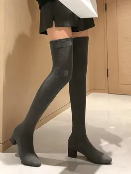 EshtonShero Kış Ayakkabı Kadın Deri Diz Yüksek Çizmeler Med Topuk Sivri Burun Platformu Üzerinde Kayma Diz Çizmeler Üzerinde Boyutu 3-11 12