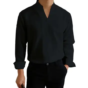 Yaz Erkek Gömlek Marka V Boyun Uzun Kollu Düz Renk Streetwear Casual Tops Gevşek 2022 Moda Gömlek erkekler camisa masculina 13