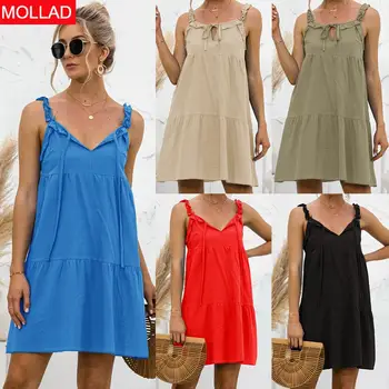 İlkbahar/Yaz 2021 Yeni Sıcak Satış Seksi Spagetti Kayışı Fırfır Düz Renk Elbise A-line Kadın Elbiseler 15