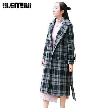 Yeni Sonbahar / Kış Retro Vintage Ekose Yün Ceket Kadın Gevşek Pamuk Kemer Cep Düğmesi S-XL 2020 Kalınlaşmak Dış Giyim