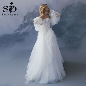 SoDigne Boho Kabarık düğün elbisesi Ayrılabilir Kollu Sevgiliye Katmanlı 3D Çiçek gelinlikler Tül Düğün Parti Elbise 2